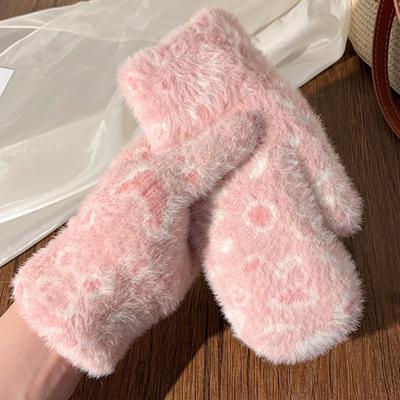 Yousheng 1 Pair Winter Mittens Leopard Print Warm Plush Gloves Soft Thickened Cold-Proof Skiing Travel Gloves