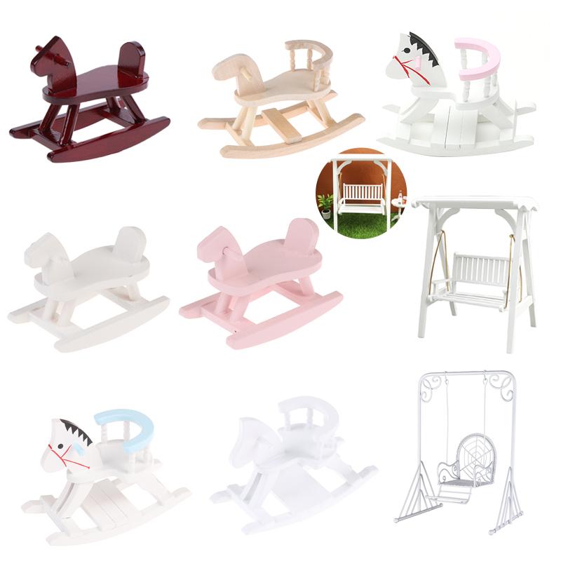 1:12 White Wood Swing Modle Toys Dollhouse Miniature Furniture Mini Wooden Swing Chair Garden Scene Doll House Decor Accessories