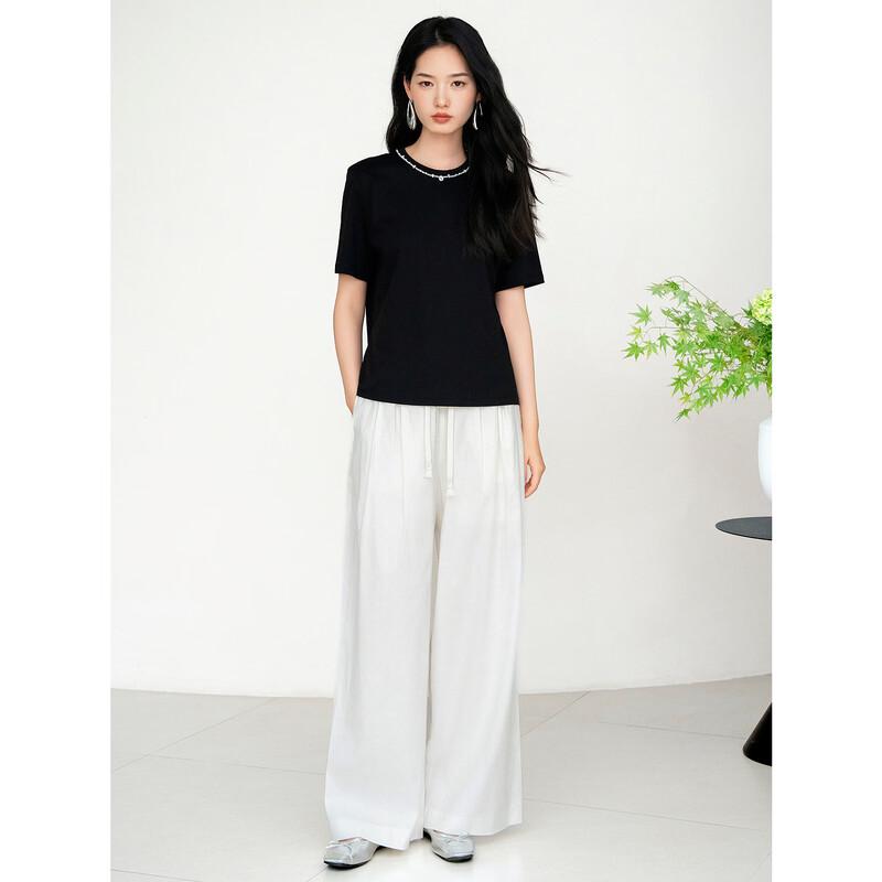 JUZUI Women's Pearl Round Neck Short Sleeve T-shirt
