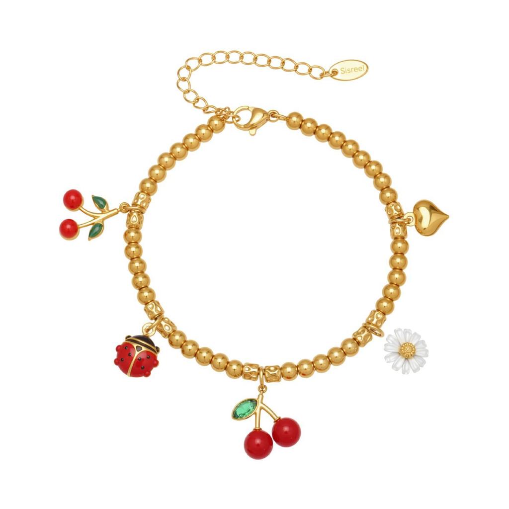 Two-Tone 18K Gold-Filled Stainless Steel Cherry Daisy Pendant Bracelet