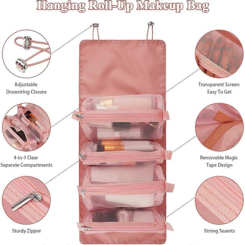 Detachable Makeup Bag, 4 In 1 Portable Cosmetic Bag with Large Capacity Waterproof and Breathable, Hanging Roll Up Travel Toiletry Bag