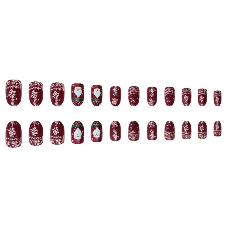 Christmas Themed Glittering Press On Nail 24PCS 3D Santa Snowflake Design Short Oval False Nail For Festive Styling