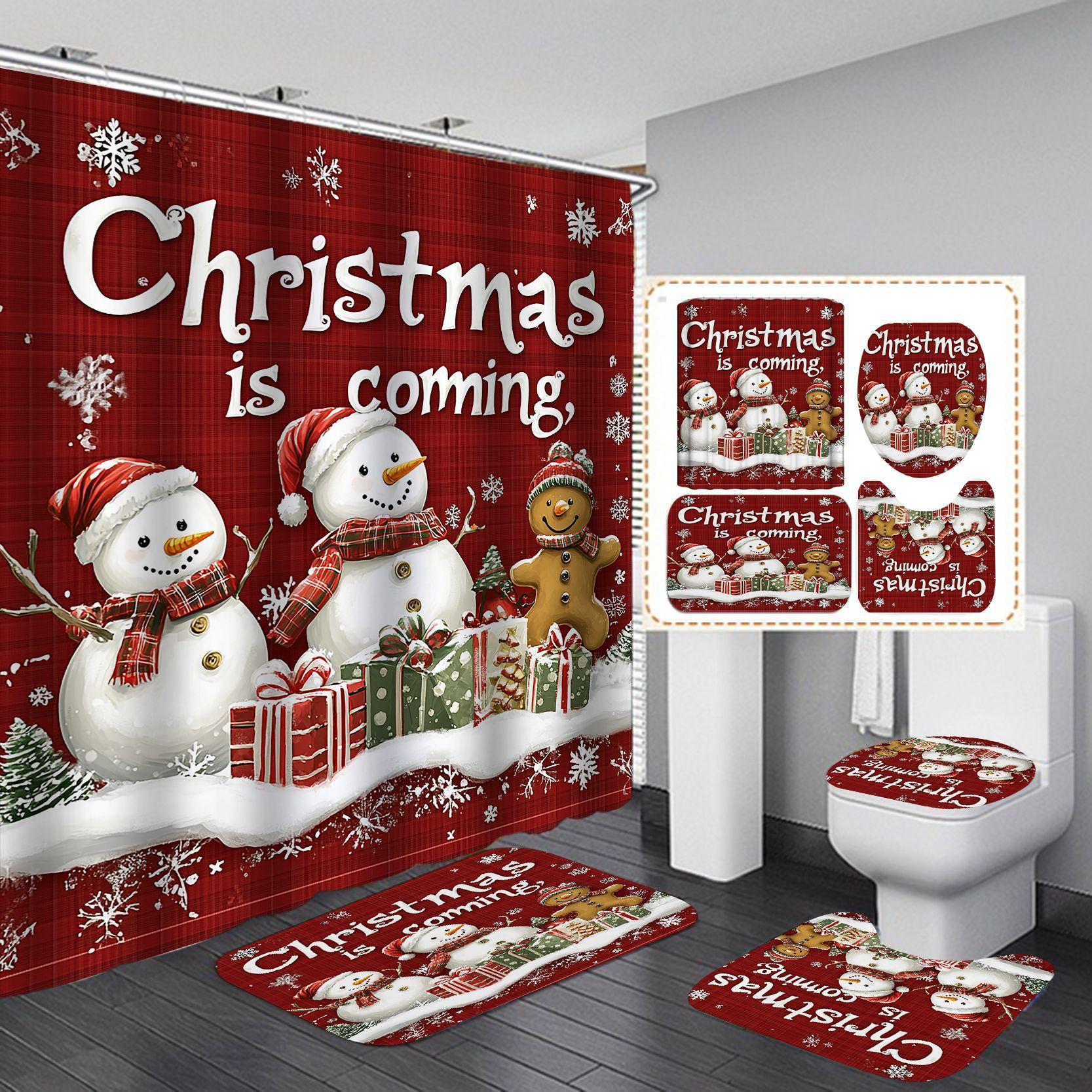 

Red Marry Christmas Shower Curtain Santa Claus Printed Waterproof Polyester Bath Curtain for New Year Christmas Bathroom Decor 3pcs(No Curtain)