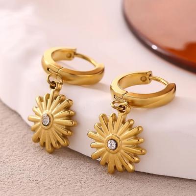 Zircon Sunflower Dangle Earrings For Women Gold Color Stainless Steel Geometric Sunflower Earring Wedding Christmas Jewelry