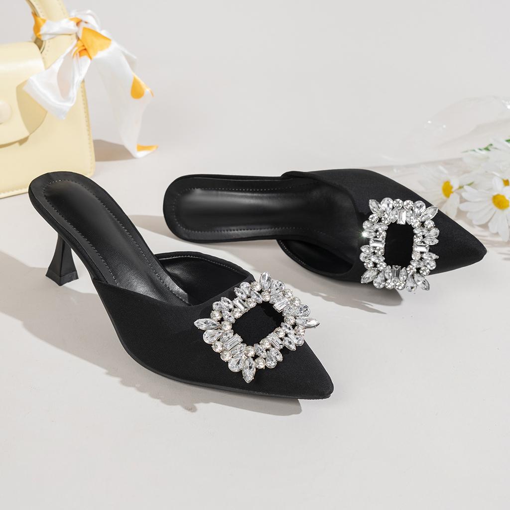 High Heeled Slippers for Women New Style with Pointed, Fine Heel Rhinestone Square Buckle, Half Toe Cool Mop Women's Sandals
