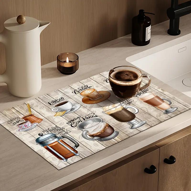 Vintage Coffee-Themed Kitchen Mat Woodgrain Dining Table Decoration Coffee Machine Mat Absorbent Quick-Dry Home Decor