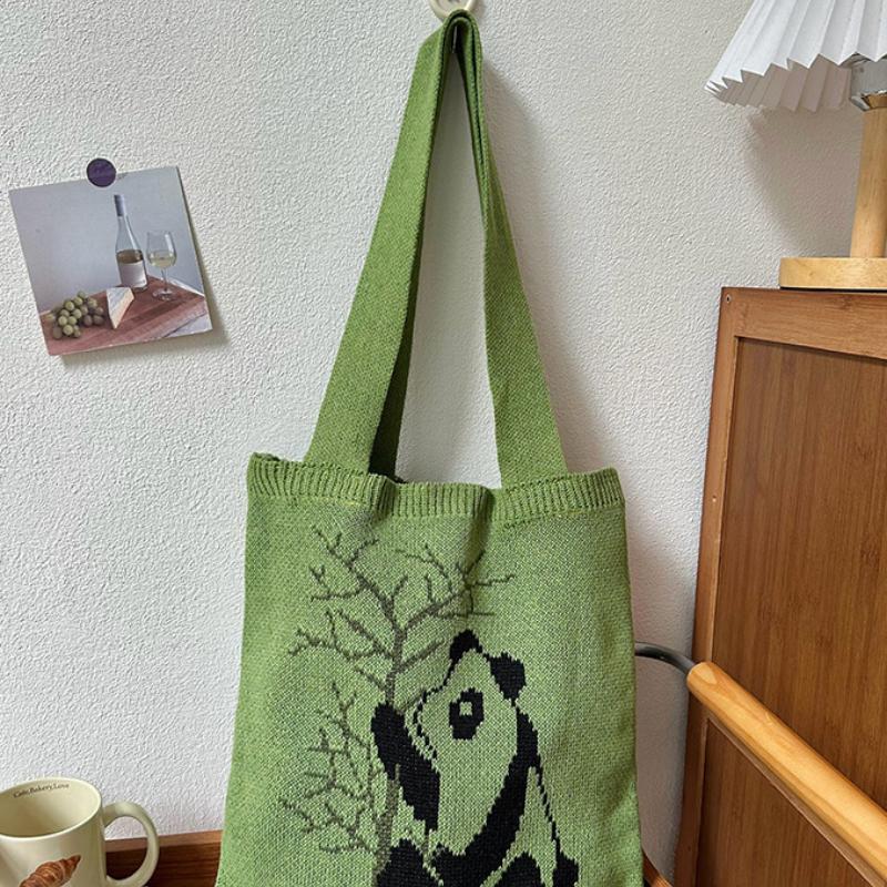 Bolsa Tote Nova com Padrão de Panda, Bolsa de Mão Versátil de Tricô, Bolsa de Praia Tecida, Bolsa de Ombro Vazada Tendência de Rua Para Mulheres