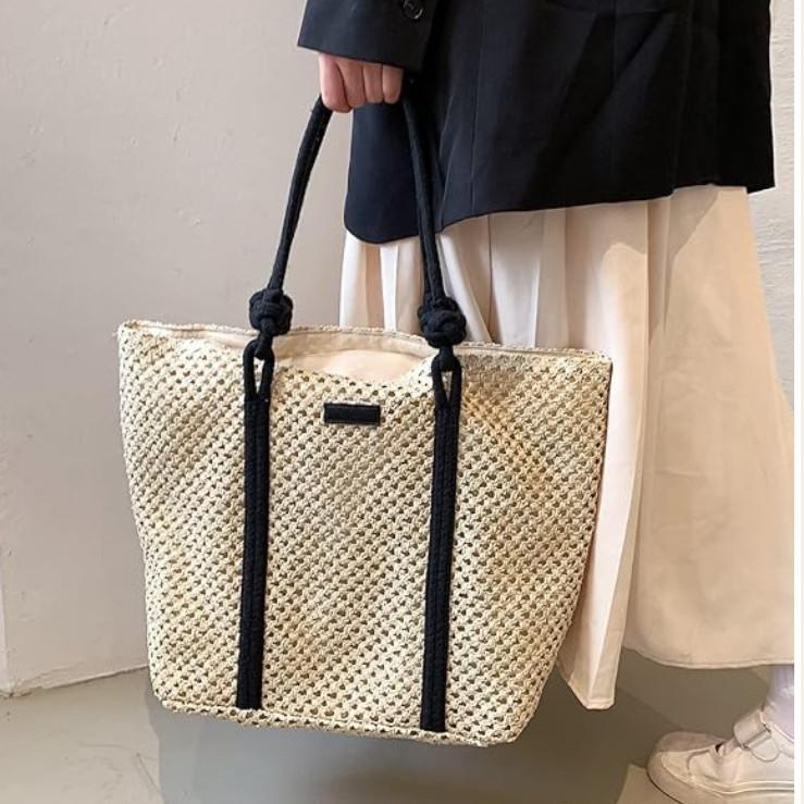 Ielgy Straw Beach Bag Women's Vacation Woven Tote Bag Large Size One-Shoulder Machine Woven Portable Straw Bag