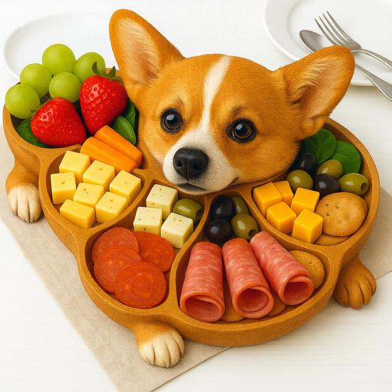 Wooden Serving Tray with Multiple Compartments Rustic Dog Shape Cheese Meat Fruit Snack Board for Parties Family Dinners Farmhouse Decor Gift