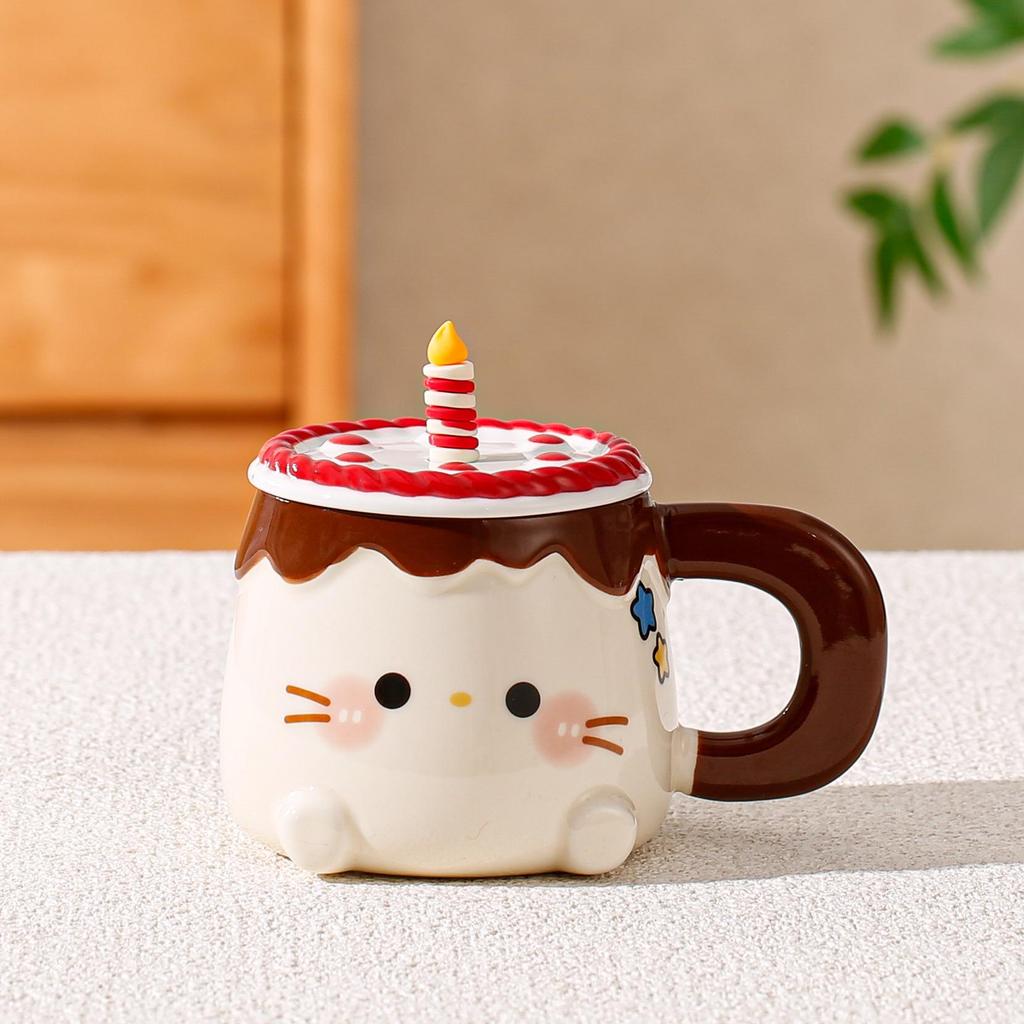 Cute Birthday Cat Candle Mug with Lid & Spoon - Heart Coffee Cup Gift