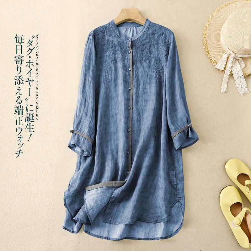 Women S Embroidered Stand Collar Mid Length Loose Linen Cotton Shirt M синий