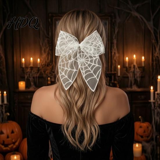 Stiff Three Dimensional Hairpin Halloween Lace Hair Bow Bat/Spider/Web Embroidery Hairpin Gothic Style Decorative Bow for Costumes Large Clip