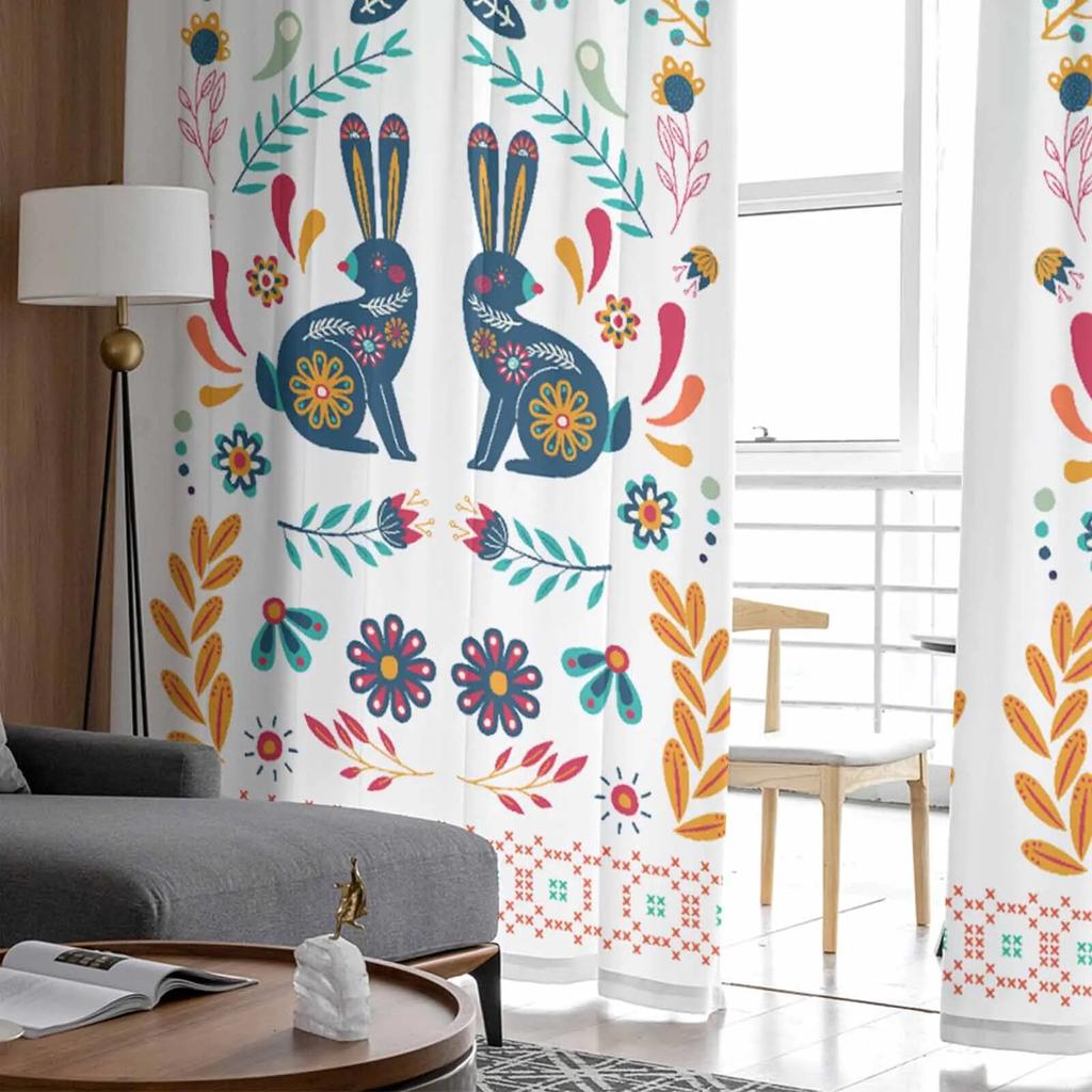 Easter Bunny Floral Boho Tulle Curtains for Living Room Sheer Curtain for Bedroom Kitchen Blinds Voile Curtains