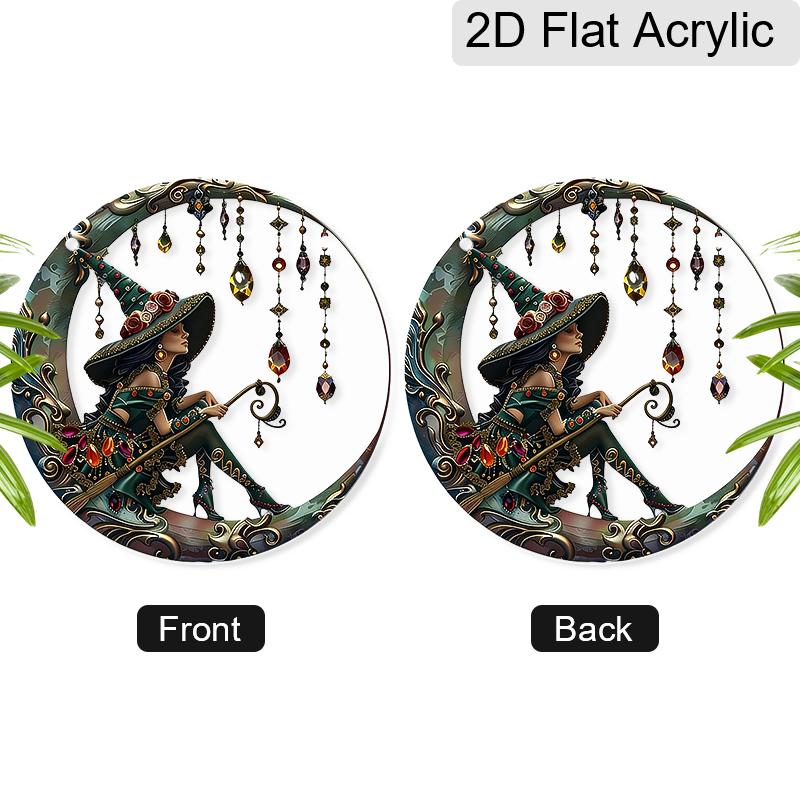 Acrylic Witch On Crescent Moon with Crystals Suncatcher, Stained Glass Effect Window Hanging Ornament for Witchcraft & Fantasy Lover Gifts