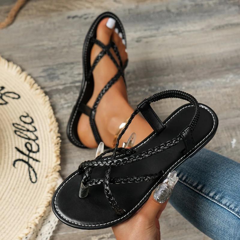 Fashion Women's Braided Flat Sandals Casual Clip Toe Summer Shoes Lightweight Elastic Band Sandals Gold Silver Footwear