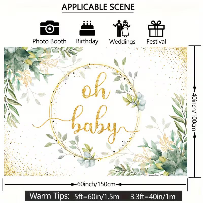 2D Flat Gold Glitter Oh Baby Banner Green Eucalyptus Gender Neutral Party Background Cloth