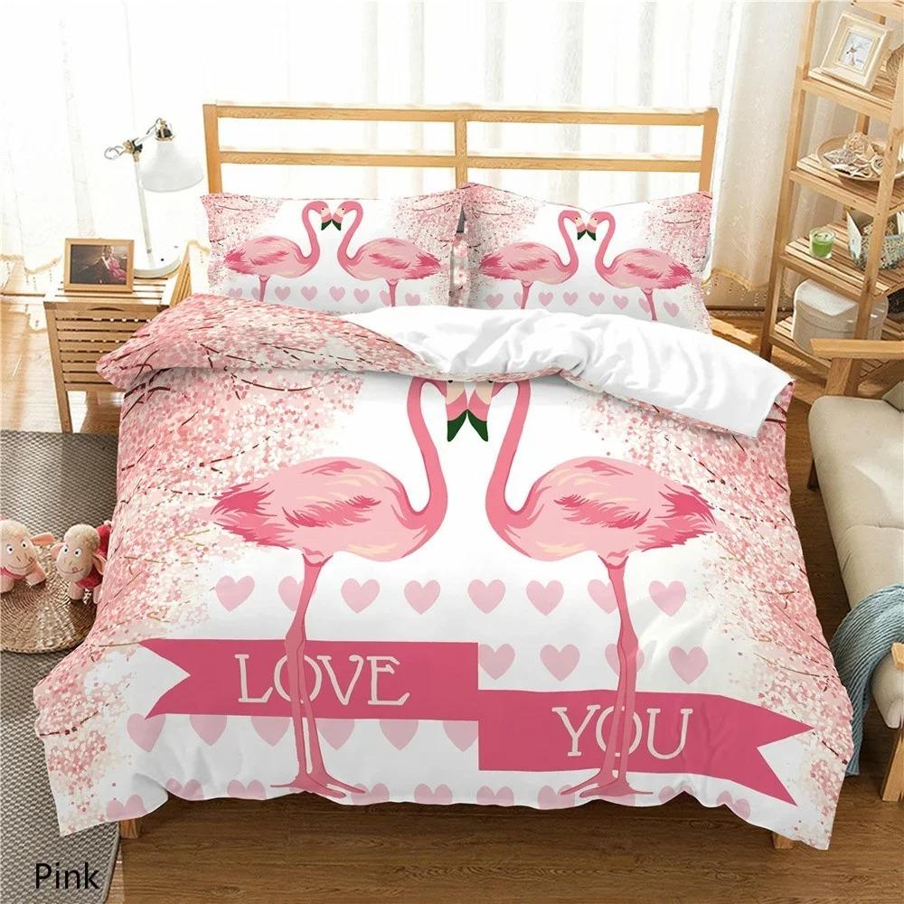 Flamingo Duvet Cover with Pillow Cover Bedding Set(No Filler) 3D Printed PinkWhiteGreen Bed Set for Kids and Adults All Size