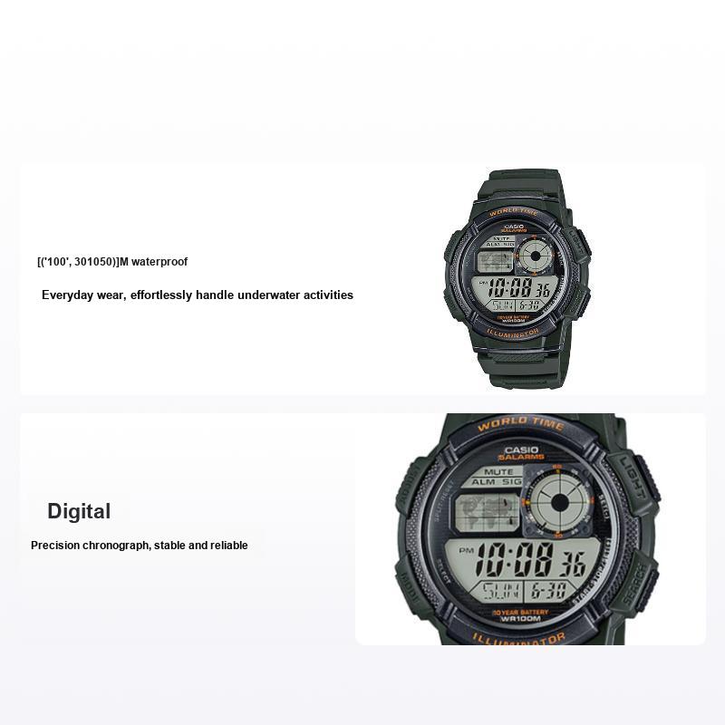 Casio Fashion Outdoor Cool High-End LCD Display Small Round Sports Waterproof Shockproof Resin Strap Quartz Watch Men Watches Gray AE-1000W-3AV Dark Green Band