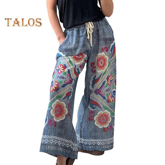 

Женские брюки с завязками, эластичной резинкой на талии, широкие брюки с принтом, имитация джинсовых брюк с карманами 2XL синий