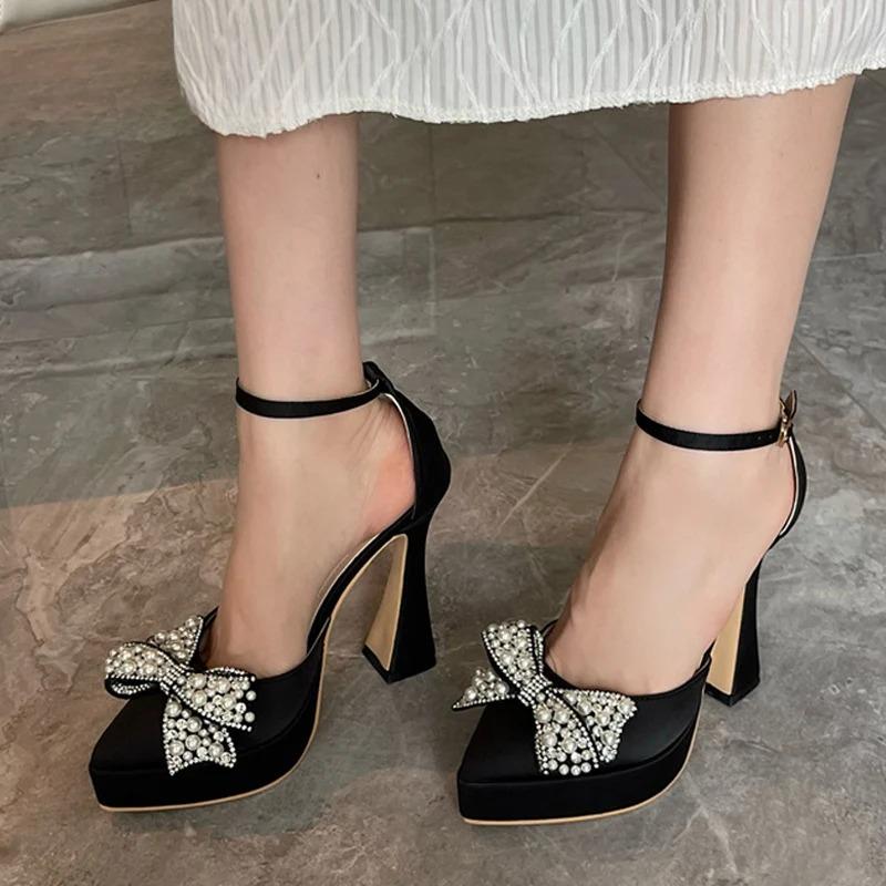 Fashion Women Shoes Pearl Butterfly-Knot High Heels Sandals Sexy Thick Bottom Pointed Toe Platform Pumps for Women Wedding Banquet Shoes