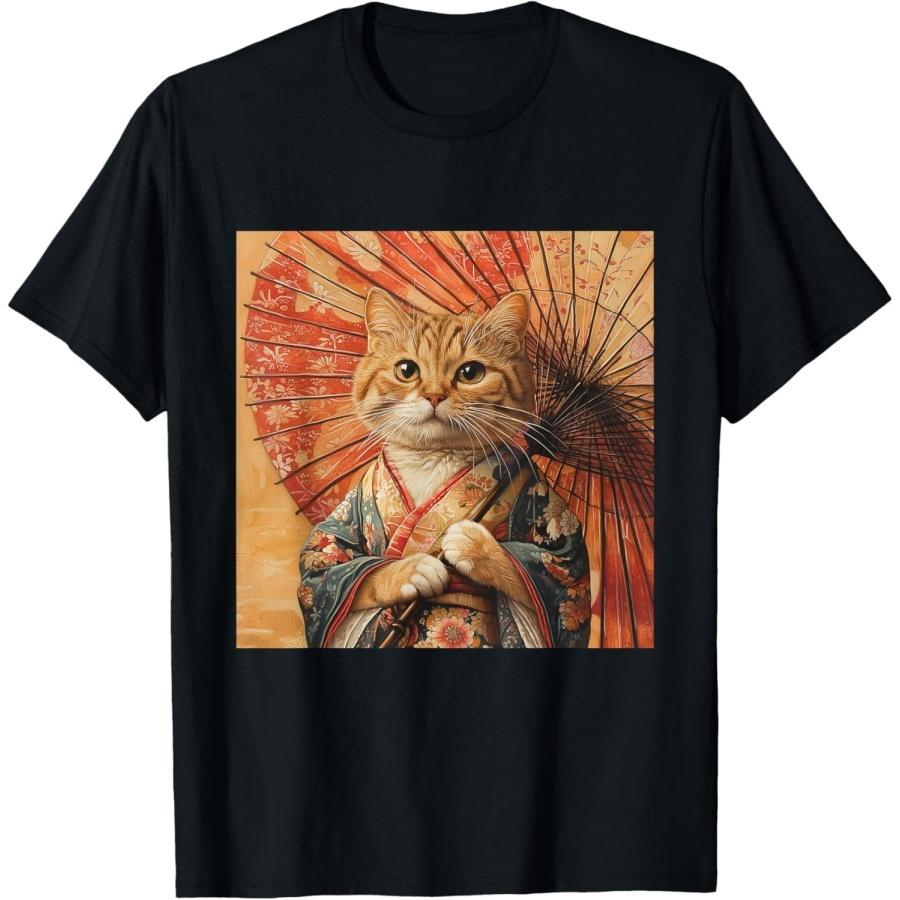 RUJUNMAN Cat Kimono Umbrella Japan Japanese Kawaii Funny Graphic T-Shirt XXXXXL разноцветный