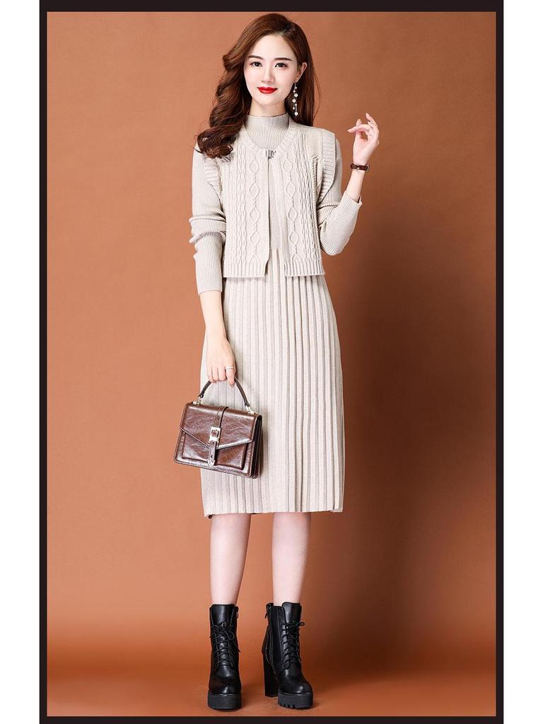 2025 Autumn/Winter Women's Elegant Knit Two-Piece Mid-Length Wool Dress Set
