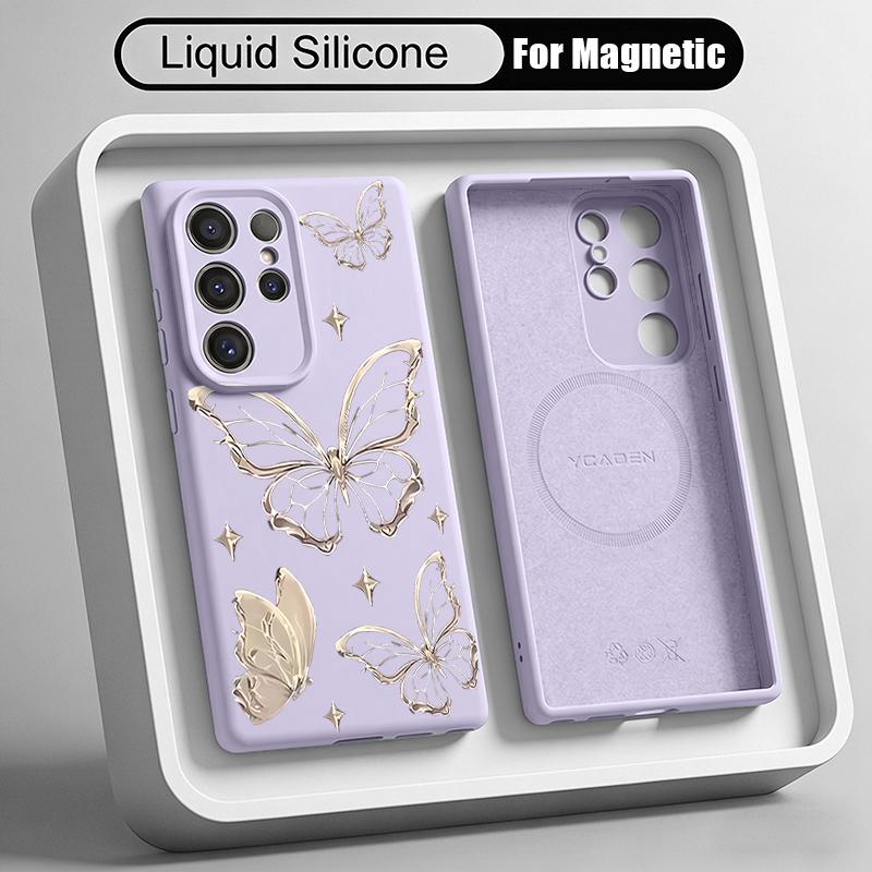 Goldern Sketch Butterfly Case For Samsung Galaxy S26 S25 Ultra S24 Plus S23 S22 Ultra Magnetic For Magsafe Liquid Silicone Cover