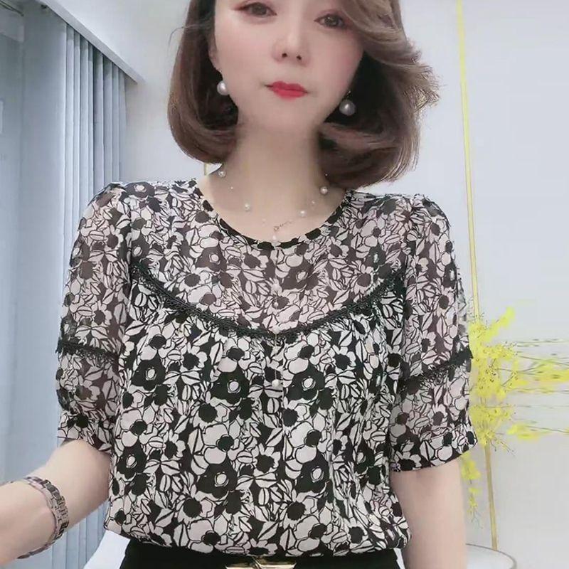 Women Casual Floral Print Lace Trim Loose Chiffon Blouse