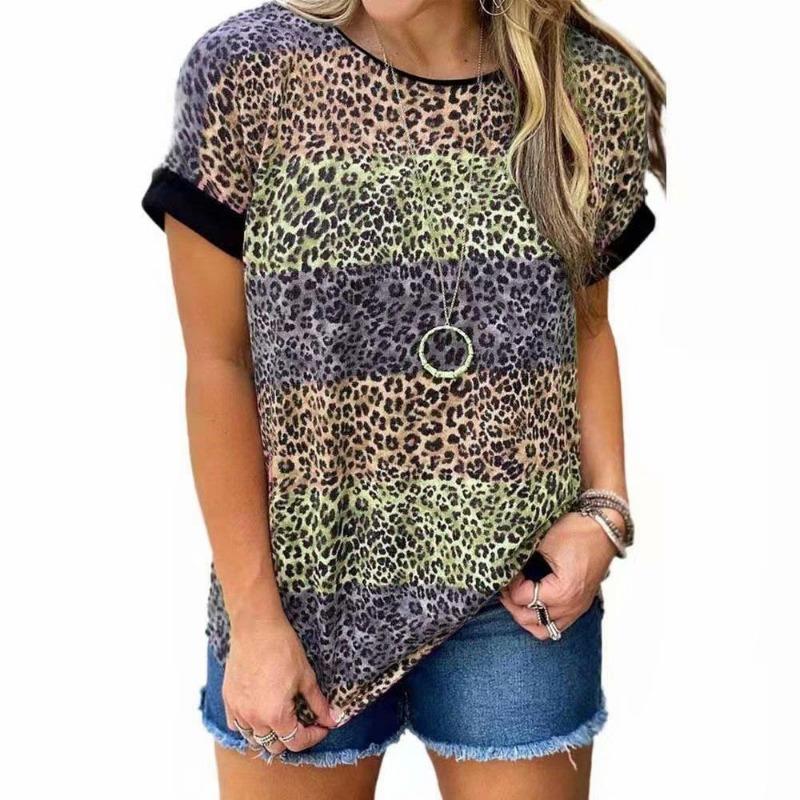 Women Summer Leopard Printed Short Sleeve Tops Casual O-neck Loose Tee Top Ladies T-shirt Clothing