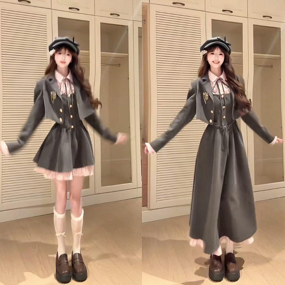 Wats Academy JK Uniform: Sweet Japanese Style Jacket and Waist-Cinching Dress Set for Autumn.