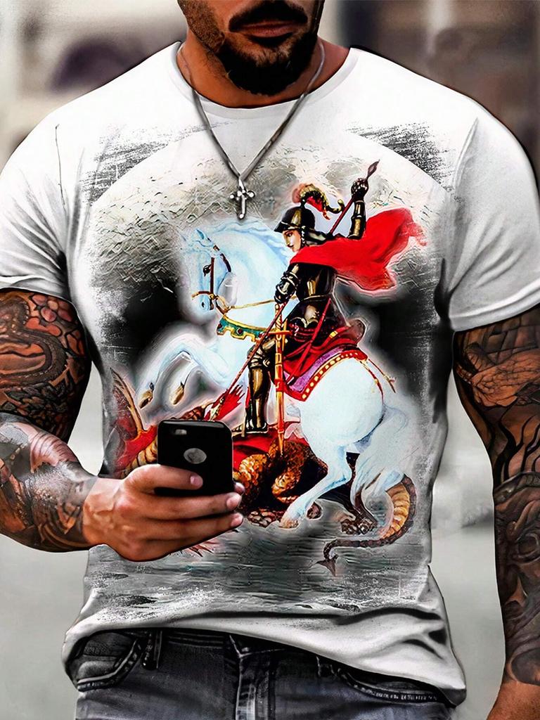 St. George Printed T-shirt Men's Fashion Street T-shirt 3D Printing Casual Round Neck Short-sleeved T-shirt Hip-hop Mens T-shirt