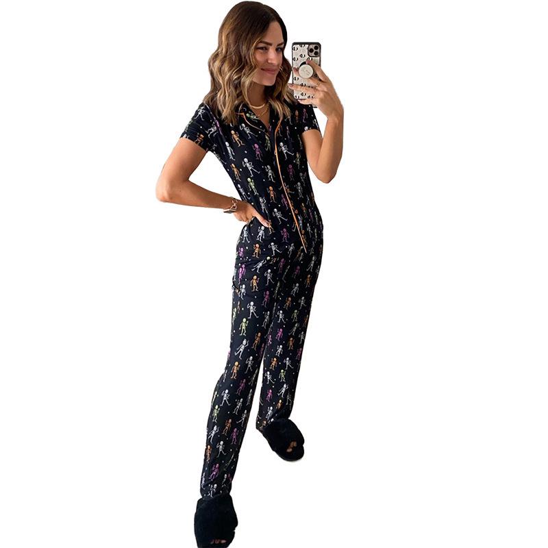 

Женский пижамный комплект Shiying на Хэллоуин: Осенний модный принт, футболка с коротким рукавом и длинные брюки Small чёрный