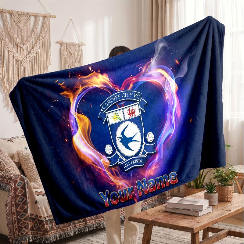 Cardiff City Personalized Fleece Blanket With Football Logo, Custom Name Text Soft Warm Home Throw Blanket