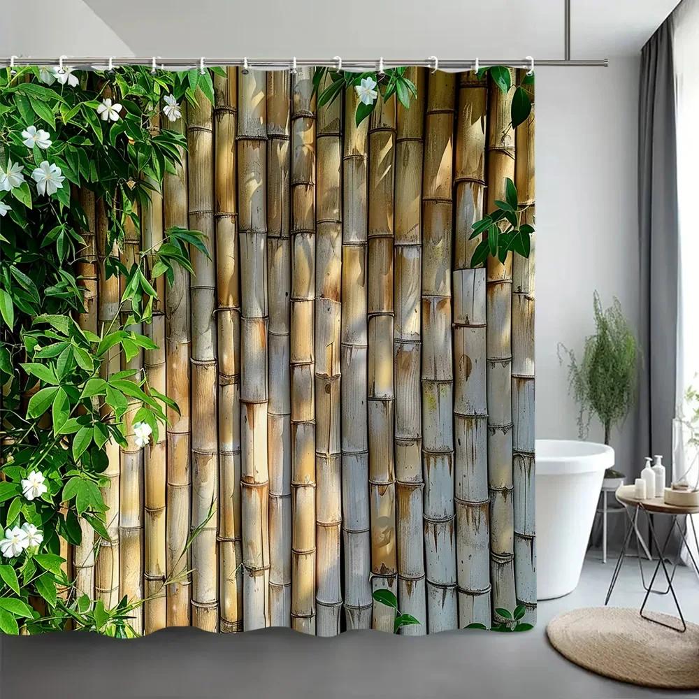 Monika Chen Green Bamboo Shower Curtain Zen Meditation Nature Botanical Polyester Fabric Shower Curtains Bathroom Decor With Hooks
