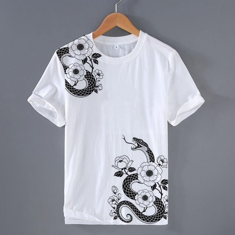 Simple Fashion Snake Pattern T Shirts For Men Classic Retro Style Men's Trendy All-Match High Street T-shirt Cool Oversized Tees