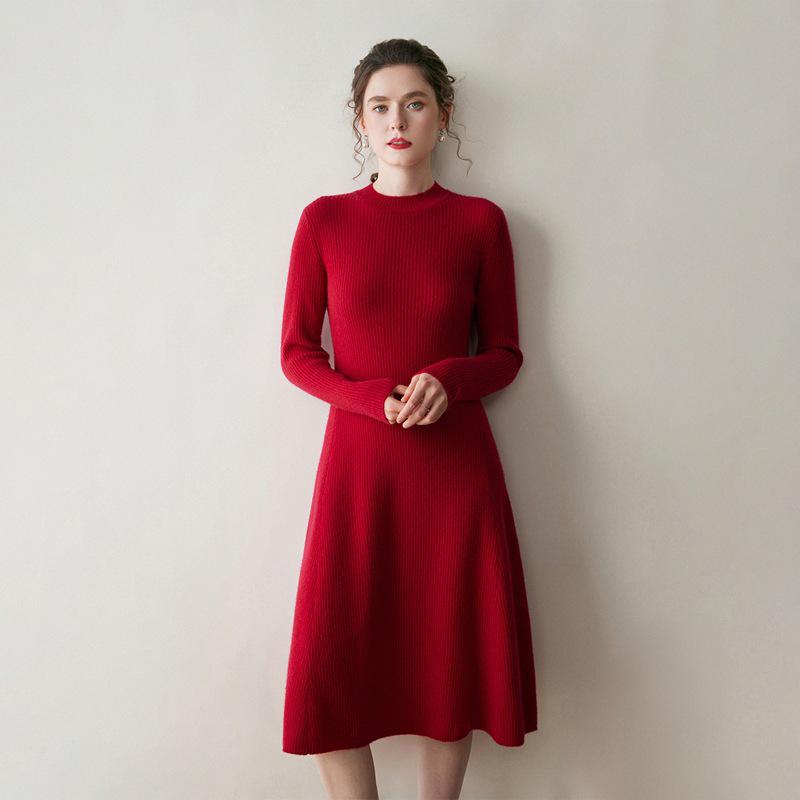 Women's Cashmere Ribbed Midi Dress - Autumn/Winter Solid Color, Slimming Over-Knee Wool Sweater.