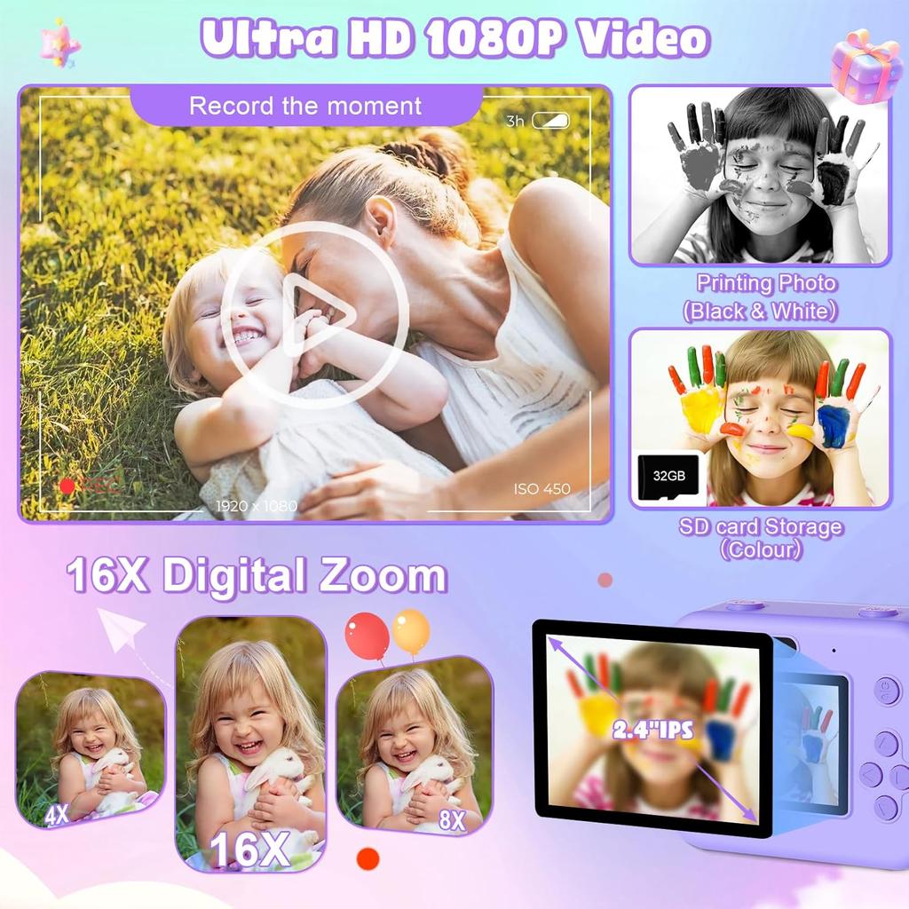 Thermal Instant Print Camera With 32G Card 1080P Children Mini Digital HD Video Camera Educational Toys Boy Girl Halloween Gift