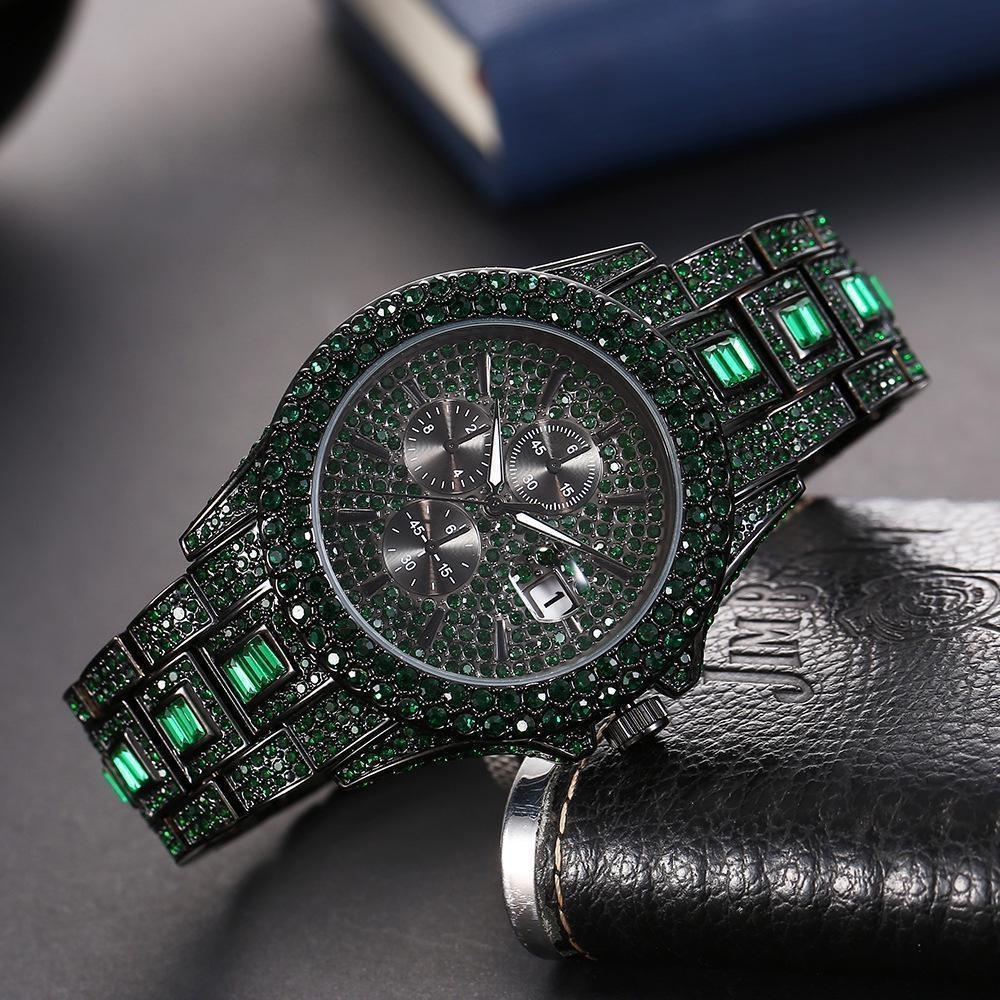 MISSFOX Nové zelené diamantové hodinky pro muže Luxusní Hip Hop diamantové hodinky Jedinečné Bling Ice Out Svítící vodotěsné hodinky