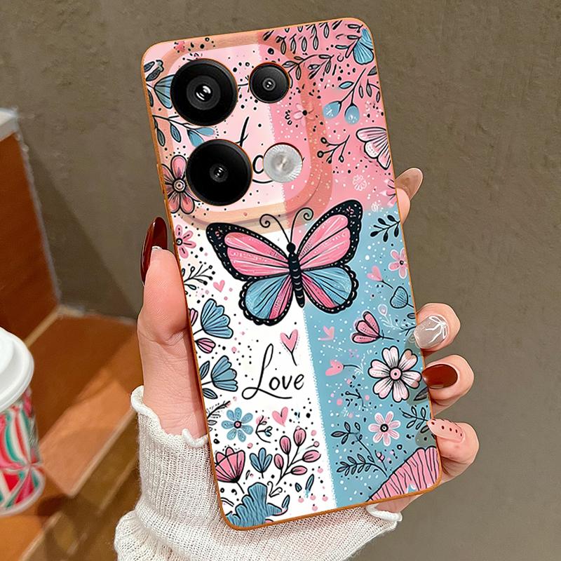 Blue Pink Butterfly Floral Pattern Case For Xiaomi 14T 13T 11T Pro Funda Redmi Note 14 13 12 11 Pro 5G 4G Leather Texture Silicone Cover