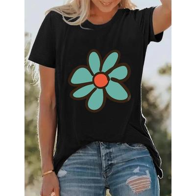 [Casual Flower T-shirt] Women's Casual Flower Pattern Printed T-shirt | Short-sleeved Round Neck, Spring and Summer, Vacation, Machine Washable,