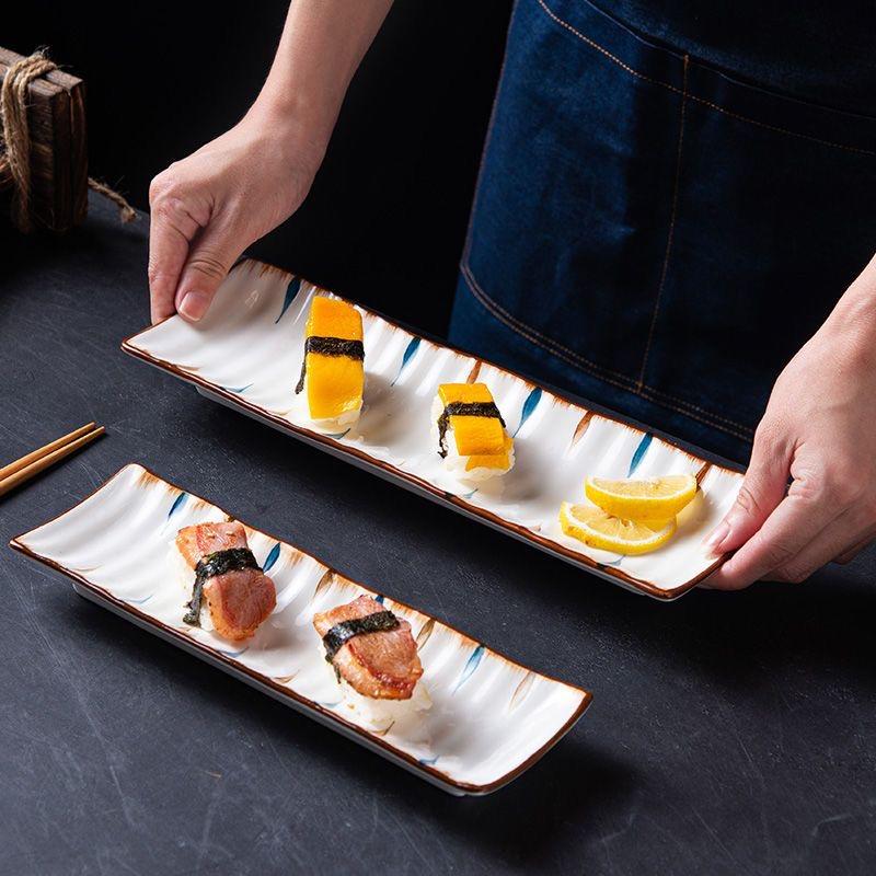 Rechteckige Keramikplatte im japanischen Stil, Sushi-Snack-Dessert-Serviertablett für Frühstück & Haushaltsgeschirr