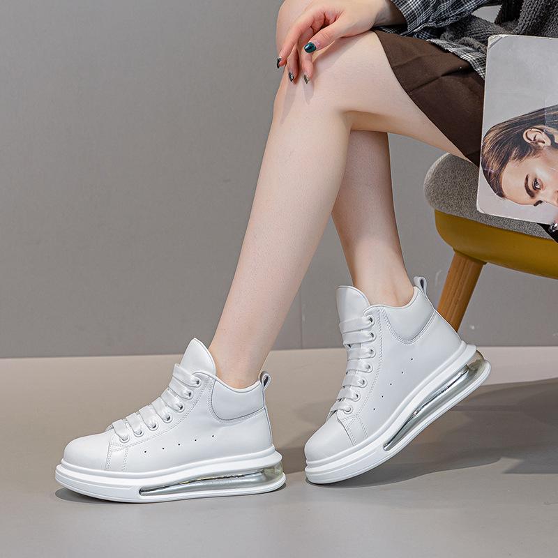 Thick-soled Air Cushion Leather High-top Women's New Fashionable Versatile Breathable Large-size Women's Shoes