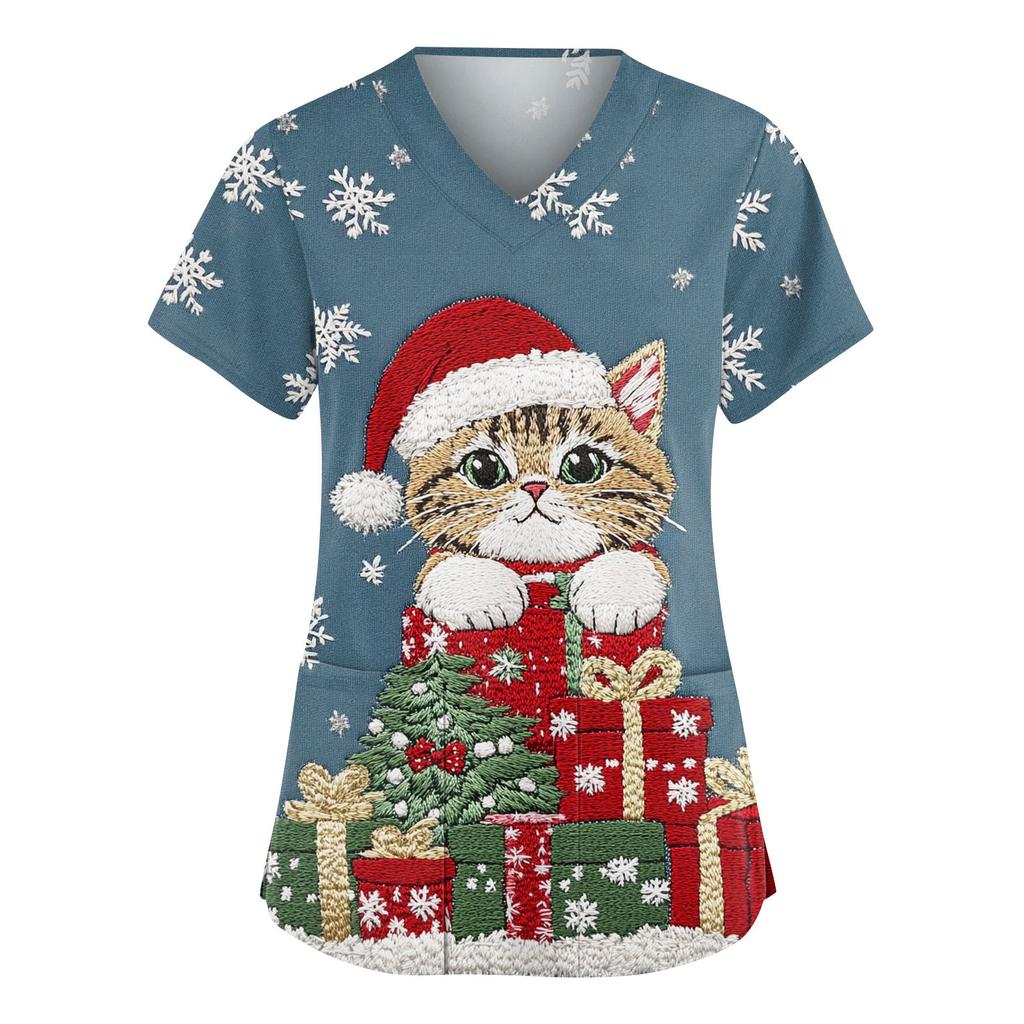 Women's Fashionable V-neck Workwear Christmas Printed Short Sleeved Pocket Side Slit Workwear Basic Pullover Top