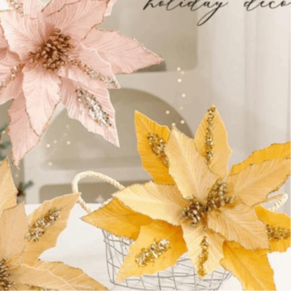 26cm Christmas Glitter Velvet Flower Large Sequins Artificial Poinsettia Flower Simulation DIY Christmas Tree Ornaments