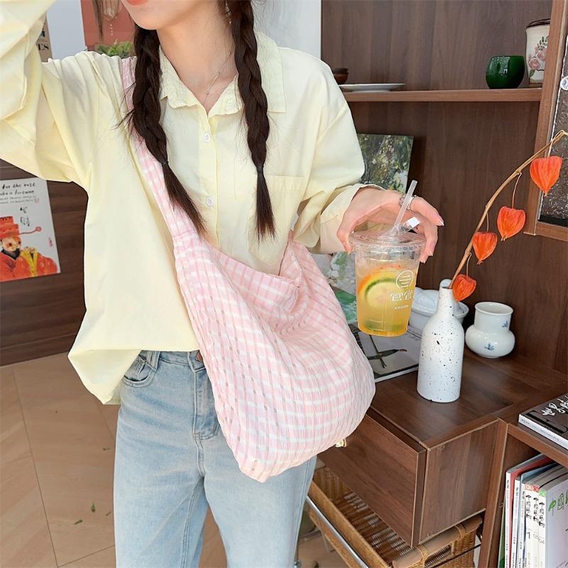 1 Summer new hollow bubble plaid shoulder armpit bag canvas bag fresh candy color messenger bag
