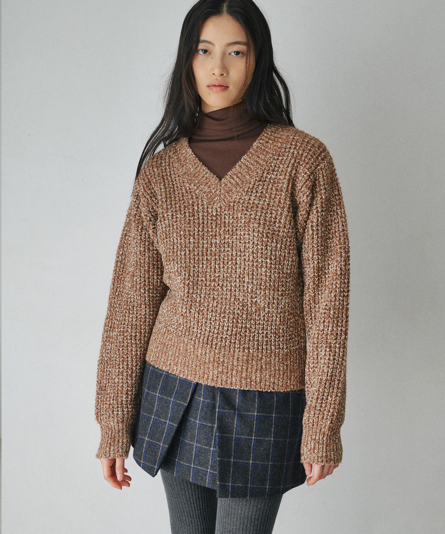 Belloel Hazzi Heathered V-Neck Knit Sweater Brown