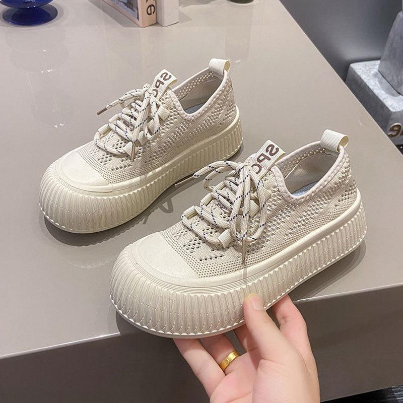 Women's shoes 2025 spring and summer breathable new mesh mesh shoes thick-soled one-pedal fly-woven shoes thin biscuits canvas shoes