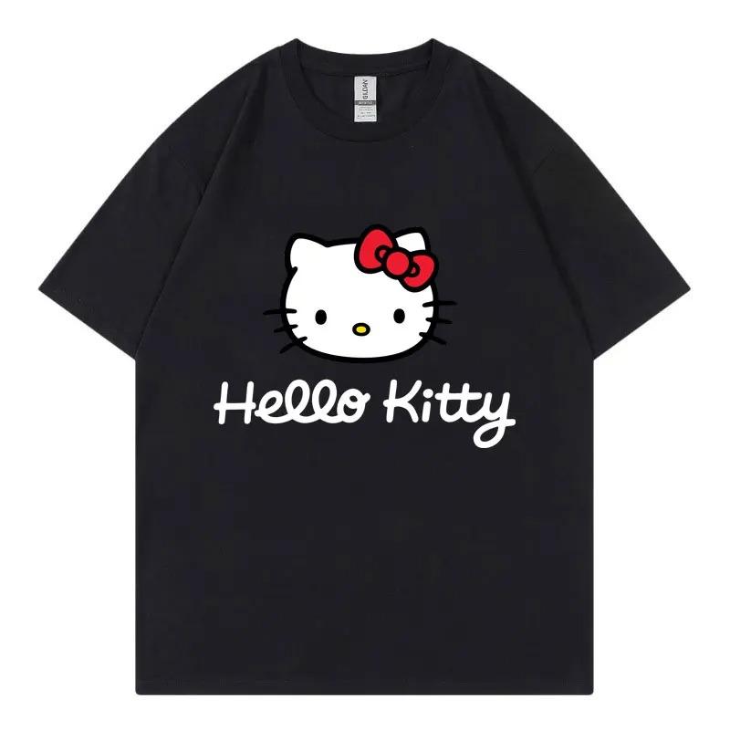Hello Kitty Cartoon Anime Women T-shirt Summer Short Sleeve 100% Cotton Men Tee Shirts Tops 2026 New Fashion Couple Clothing