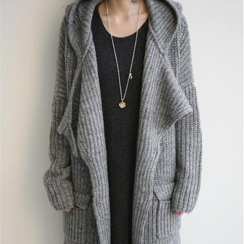 Korean autumn and winter women's clothing loose thick stick needle wool medium and long hooded thickened large sweater cardigan jacket
