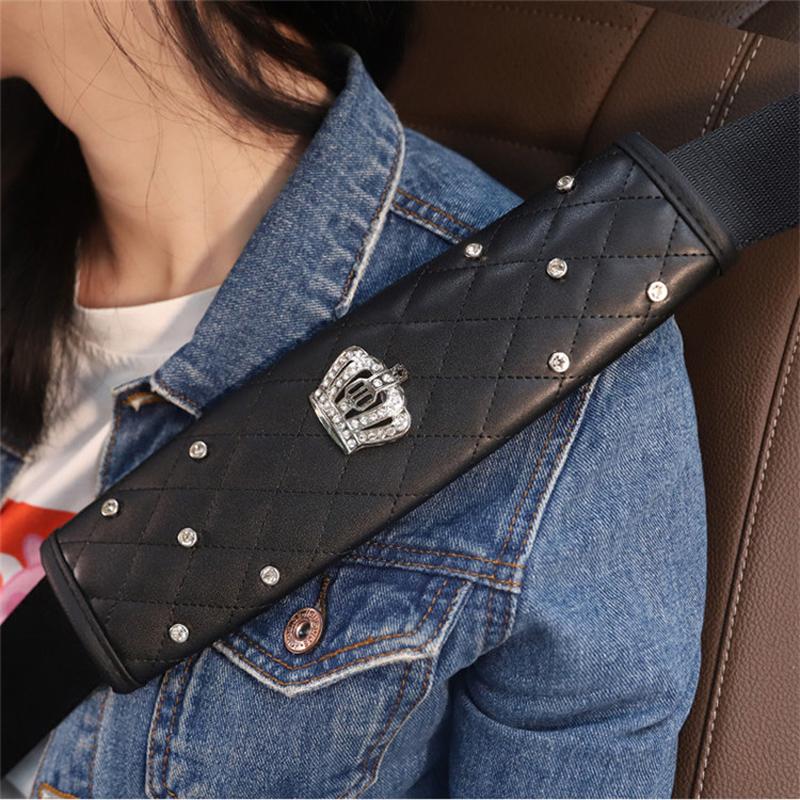1pc High Quality Crystal Rhinestone Crown Car Safety Seat Belt Cover Leather Shoulder Pad Styling Seatbelts Pad Car Accessories
